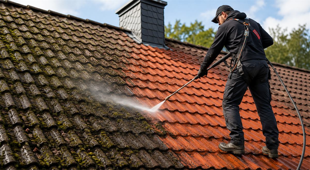 Dachreinigung – gereinigtes Ziegeldach eines Wohnhauses